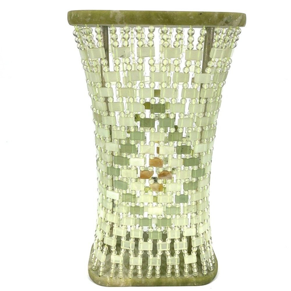 Rare Vintage‎ 11" Jade Centerpiece w Beaded Tile Strands Home Decor Figure Asian